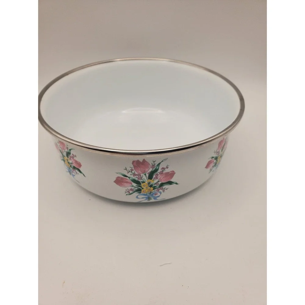 Vintage 1970s Floral Tulip Enamelware Nesting Bowls - Set of 3
